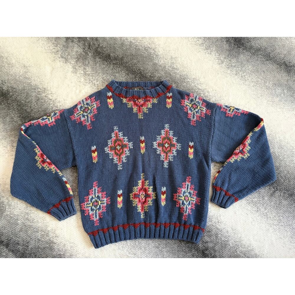 Woolrich Vintage Western Inspired Crewneck Knit Arctic Blue Sweater Size Large